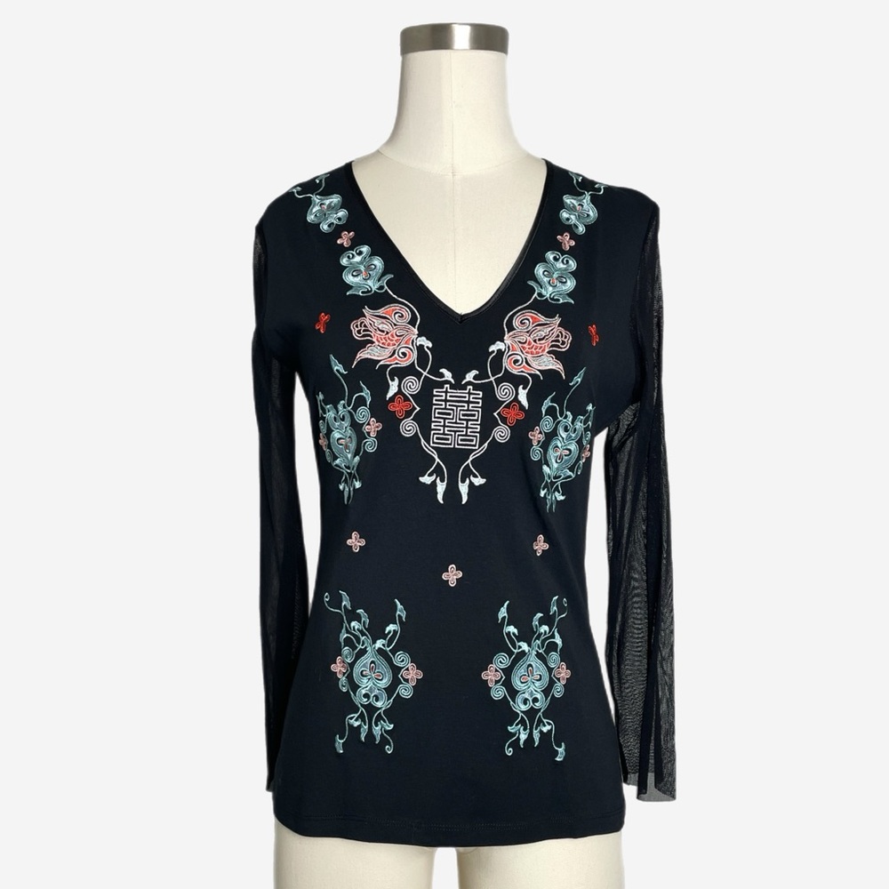 Vintage Y2K NWT Vivienne Tam Black mesh sleeve embroidered v-neck top designer S